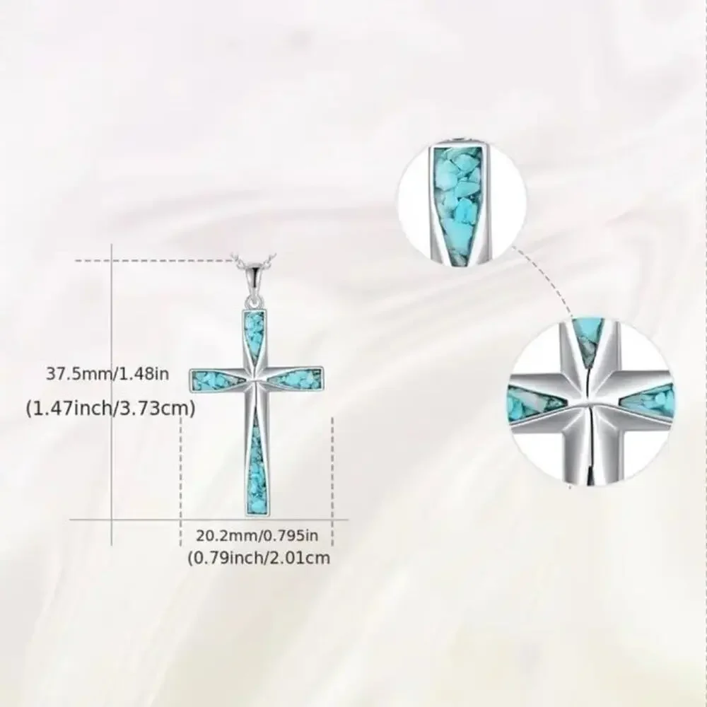 925 Silver Necklace w/ Turquoise Cross Western Christian Birthday Anniversary